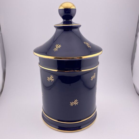 Vintage Limoges Cobalt Blue Gold Trim 9” Lidded Jar Courting Couple France - Picture 5 of 9
